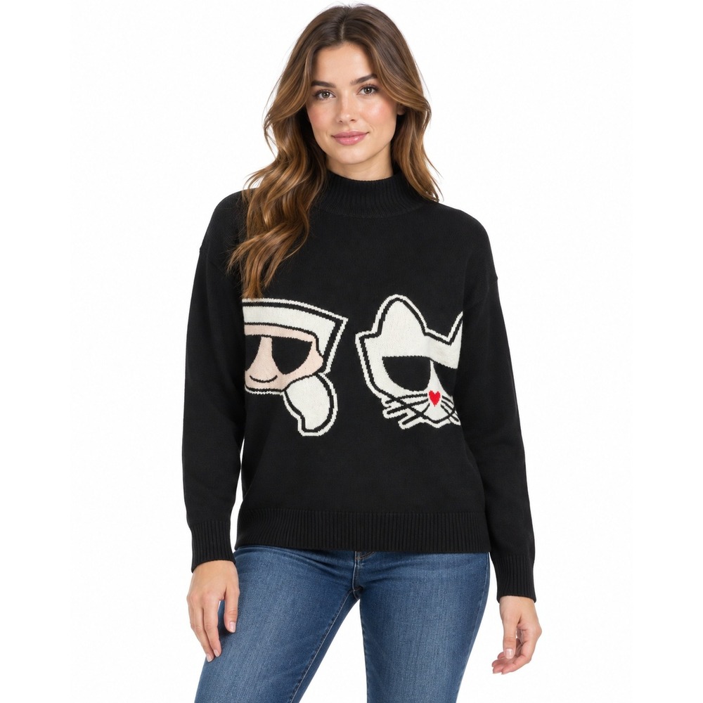 Karl Lagerfeld Paris Black Choupette Graphic Mock Neck Sweater Womens | Medium